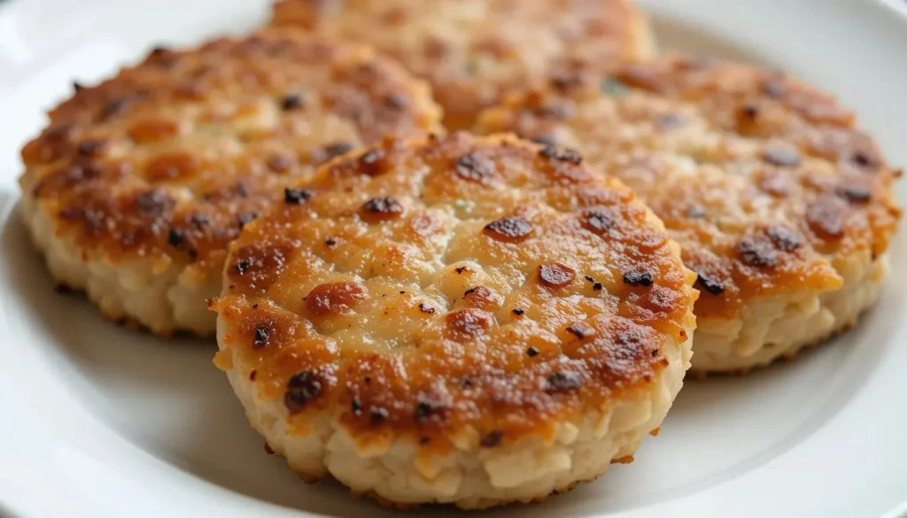 Juicy and flavorful chicken breakfast sausage patties served on a plate with herbs for garnish.