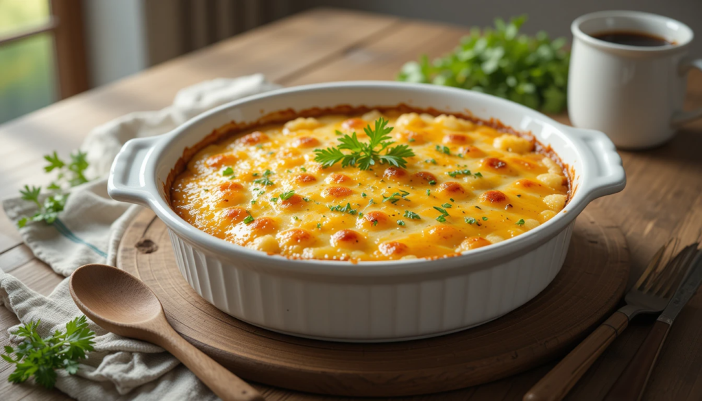 A freshly baked Breakfast Grits Casserole Recipe for Family Gatherings in a white ceramic dish, garnished with parsley, surrounded by rustic props like a wooden spoon and a mug of coffee.