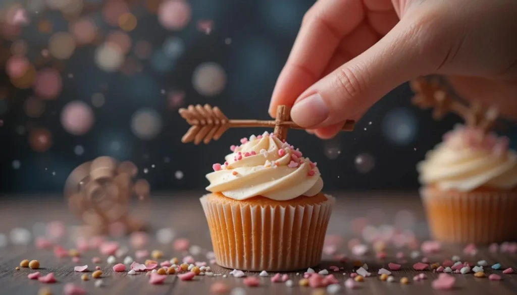 Bow arrow cupcakes decorated with vibrant frosting and cute bow and arrow designs.