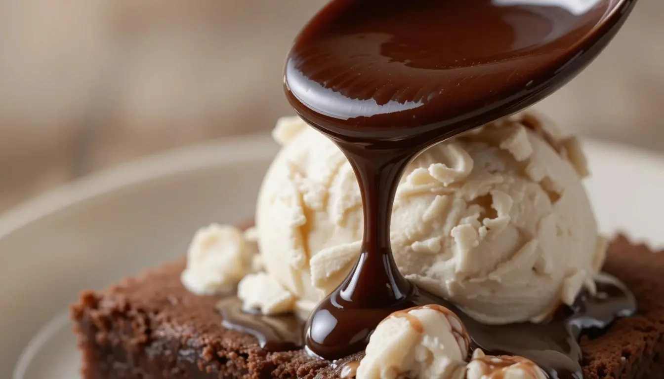 Preparing black label chocolate sauce recipe on the stove with smooth, melting chocolate.