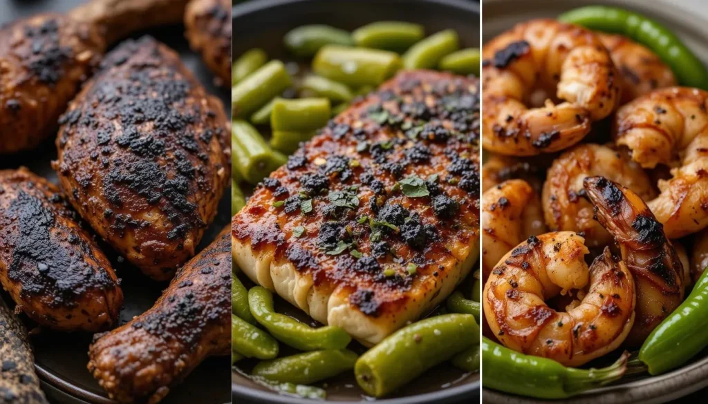 Blackened salmon with sautéed green peppers on a plate