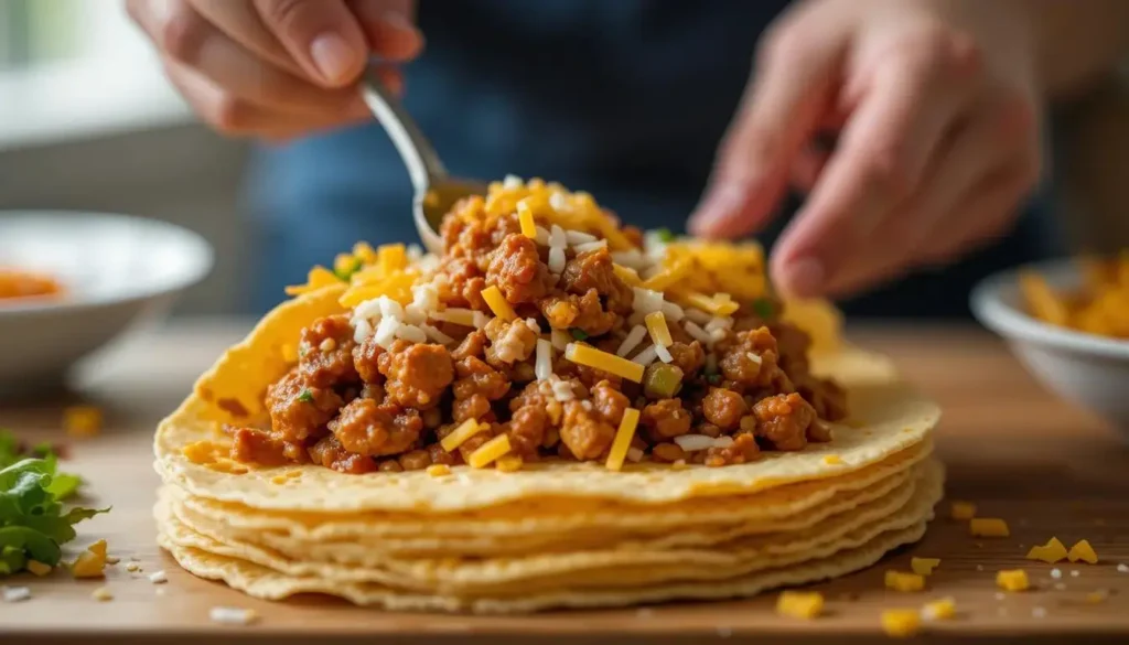 A close-up of a cheesy enchilada with a bite taken out.