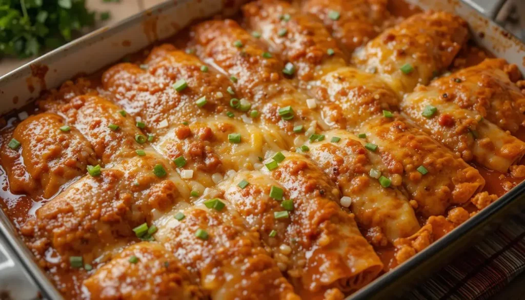 Assembled enchiladas ready to bake in a casserole dish.