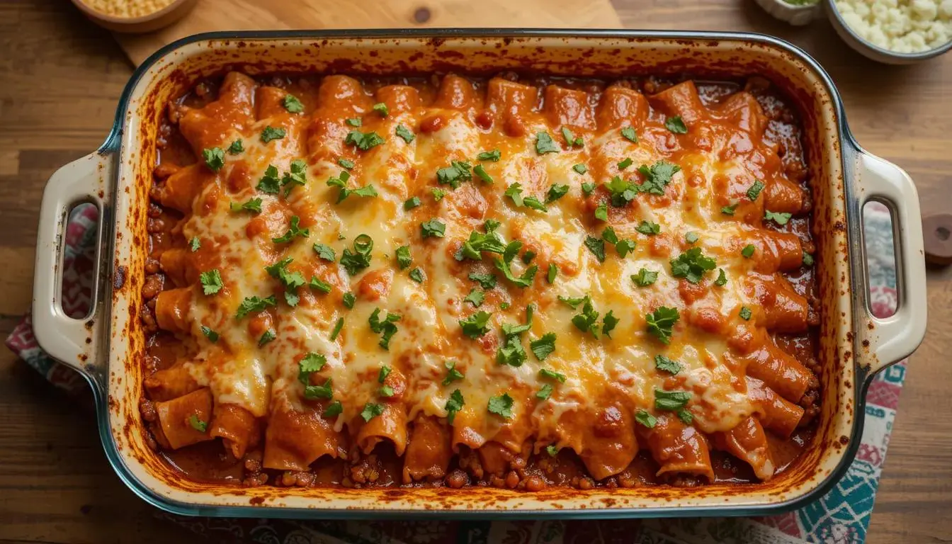 Cheesy bush family enchiladas recipe served with fresh cilantro.