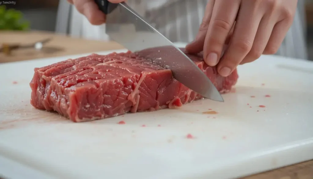 Leftover slices of beef lion flat iron steak stored in an airtight container with fresh herbs.