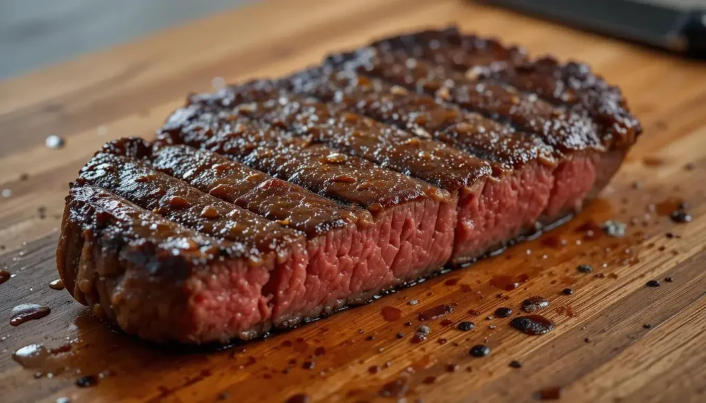 Beef lion flat iron steak sizzling in a cast iron skillet with garlic and rosemary.