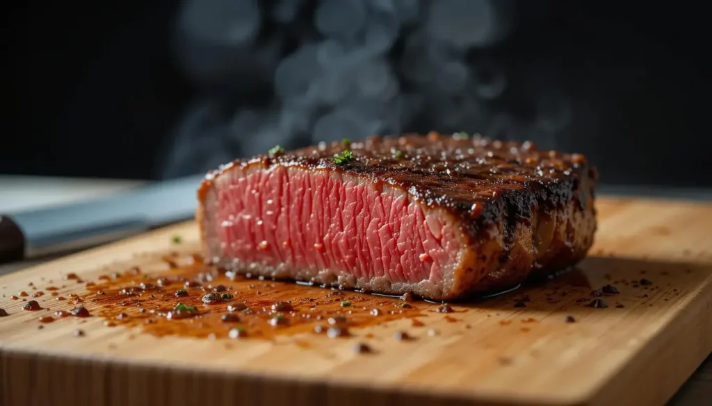 A sharp knife slicing beef lion flat iron steak against the grain on a wooden board.