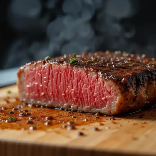 A sharp knife slicing beef lion flat iron steak against the grain on a wooden board.