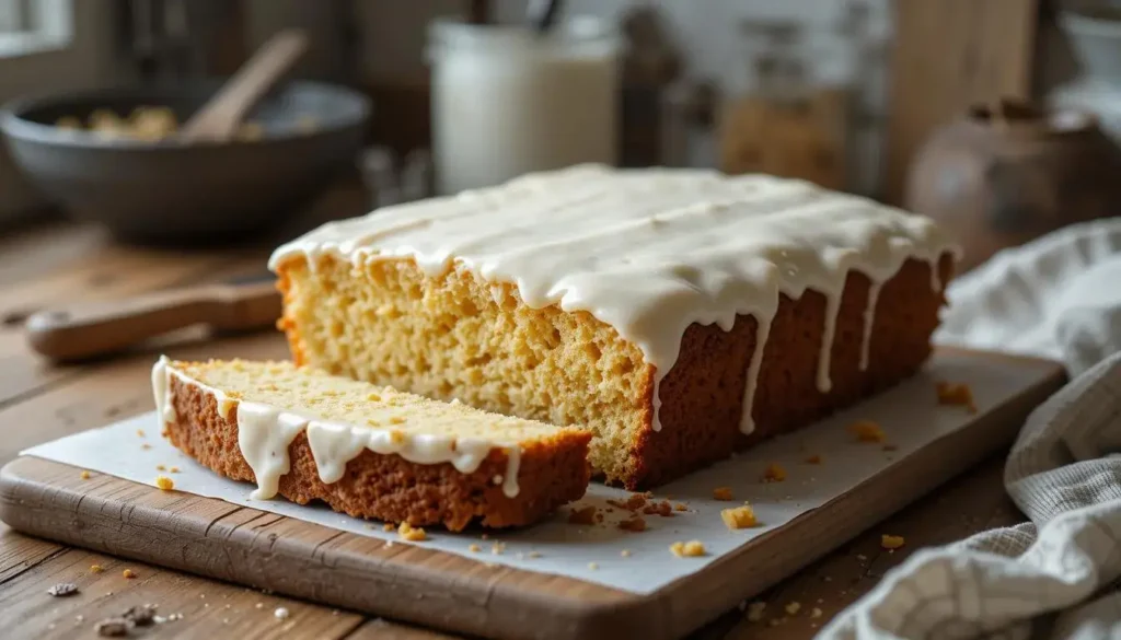 Moist kefir sheet cake topped with powdered sugar on a wooden table.