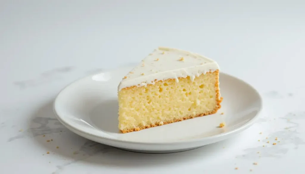 A slice of kefir sheet cake on a white plate with fresh berries.