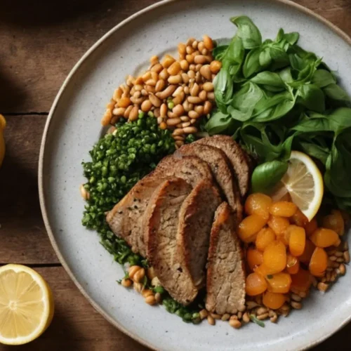 A plated Roam Diet recipe surrounded by fresh herbs and ingredients on a rustic wooden table.