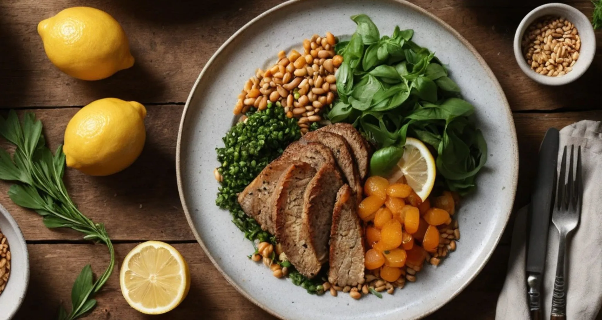 A plated Roam Diet recipe surrounded by fresh herbs and ingredients on a rustic wooden table.