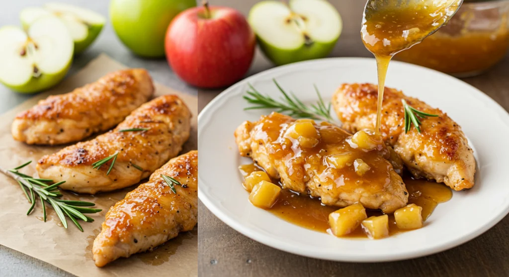 Ingredients for apple and honey-glazed chicken tenders, including fresh apples, raw chicken tenders, and a small bowl of honey.