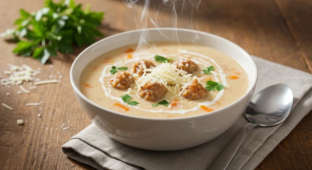 A bowl of creamy Parmesan Italian sausage soup garnished with parsley and Parmesan, sitting on a rustic table with soft natural light.