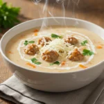 A bowl of creamy Parmesan Italian sausage soup garnished with parsley and Parmesan, sitting on a rustic table with soft natural light.