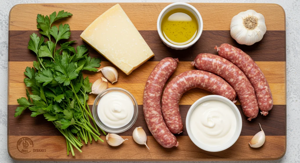 Fresh ingredients for creamy Parmesan Italian sausage soup on a wooden board, including Parmesan, herbs, and cream.