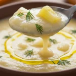 Creamy Benignis Potota Soup recipe served in a white bowl with fresh herbs.