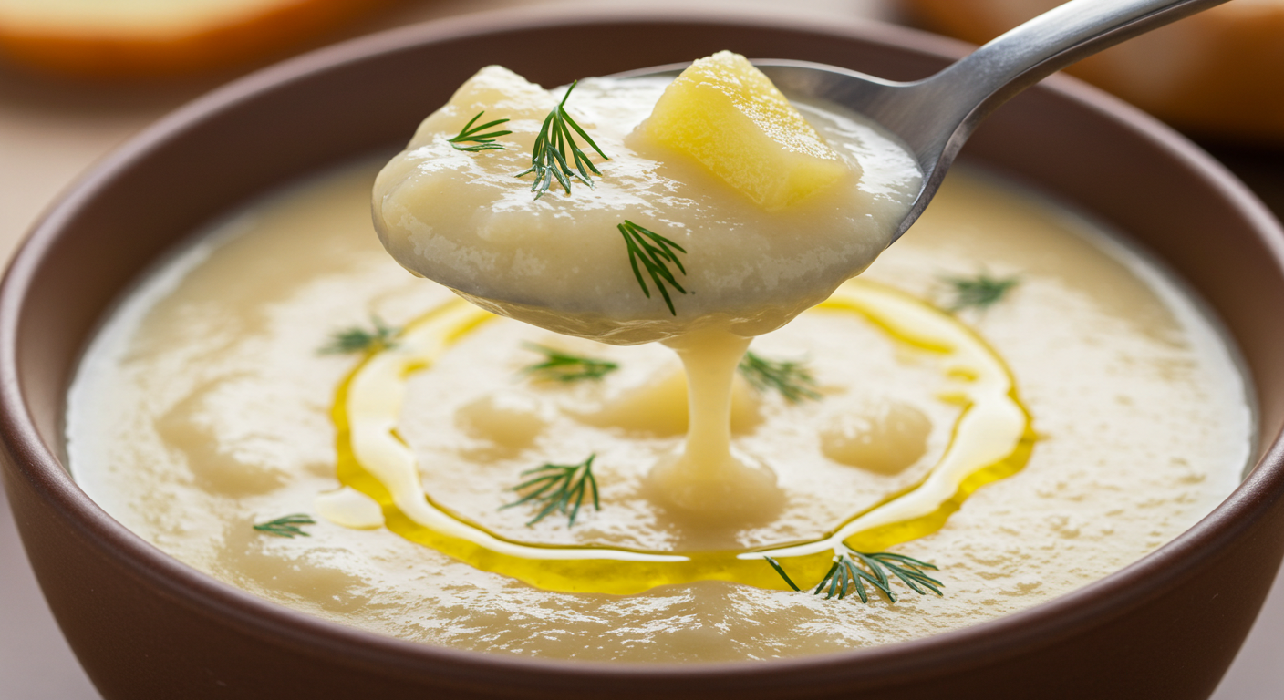 Creamy Benignis Potota Soup recipe served in a white bowl with fresh herbs.