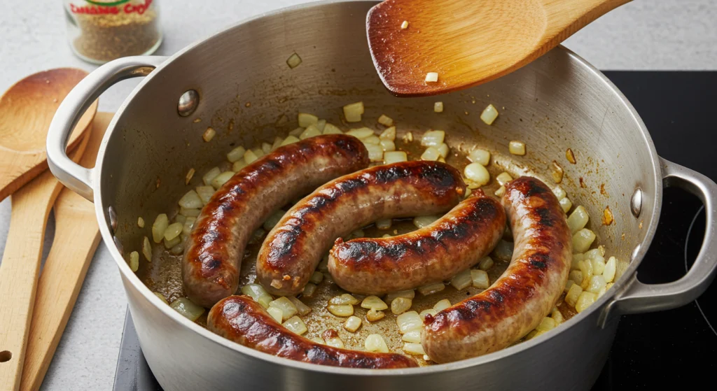 Cooking Italian sausage in a pot with onions and garlic, ready for creamy Parmesan Italian sausage soup.