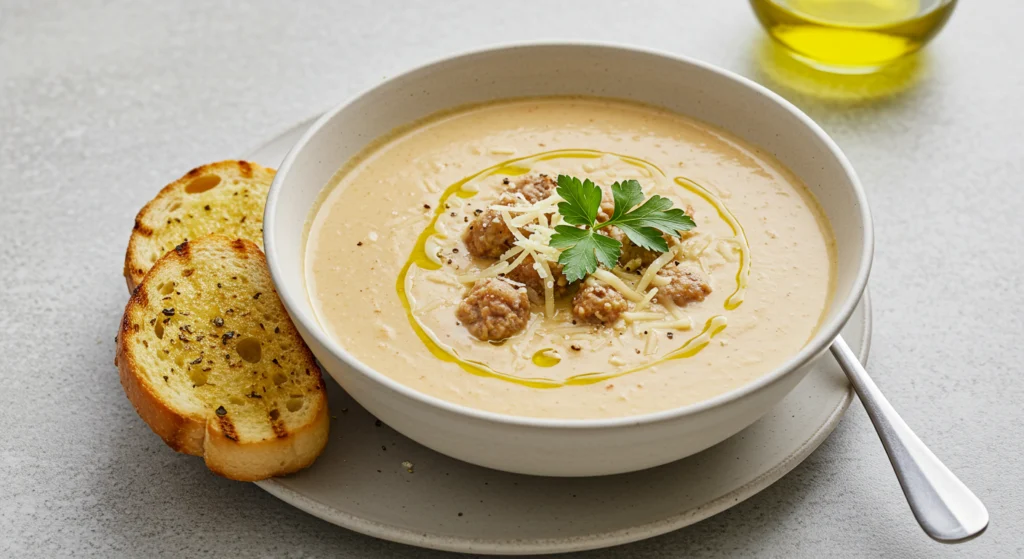 A plated bowl of creamy Parmesan Italian sausage soup with garnishes and garlic bread on the side.