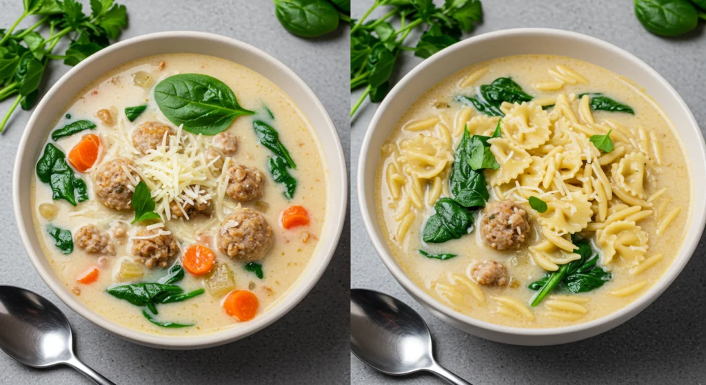 Variations of creamy Parmesan Italian sausage soup showing one with spinach and one with pasta.