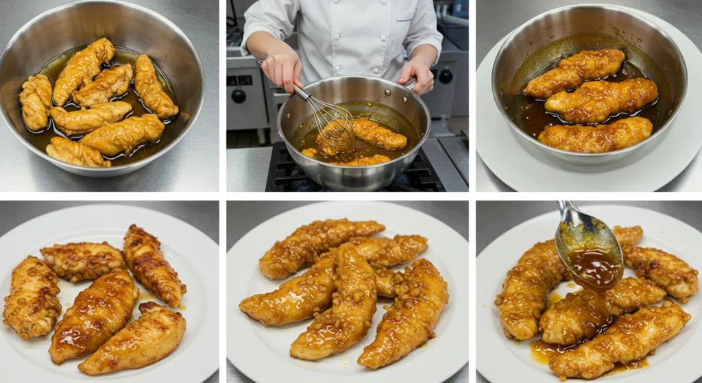 Step-by-step process of cooking apple and honey-glazed chicken tenders, including searing chicken, preparing glaze, and adding apples.