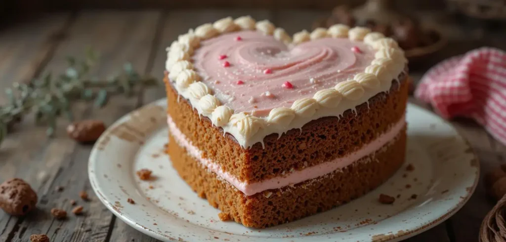 A heart-shaped cake pan lined with parchment paper, ready for baking.