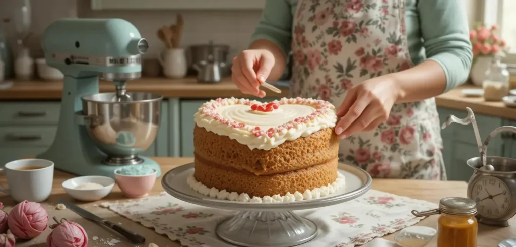 Smooth cake batter being poured into a heart-shaped pan.