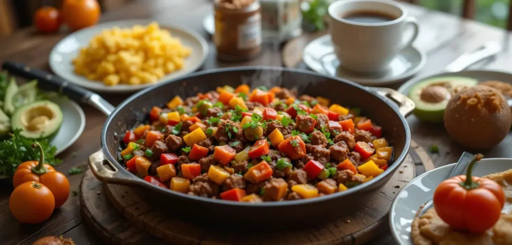 Close-up of canned corned beef sautéed with bell peppers, onions, and garnished with fresh parsley in a skillet.