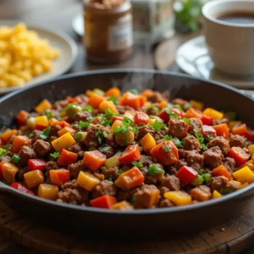 Close-up of canned corned beef sautéed with bell peppers, onions, and garnished with fresh parsley in a skillet.