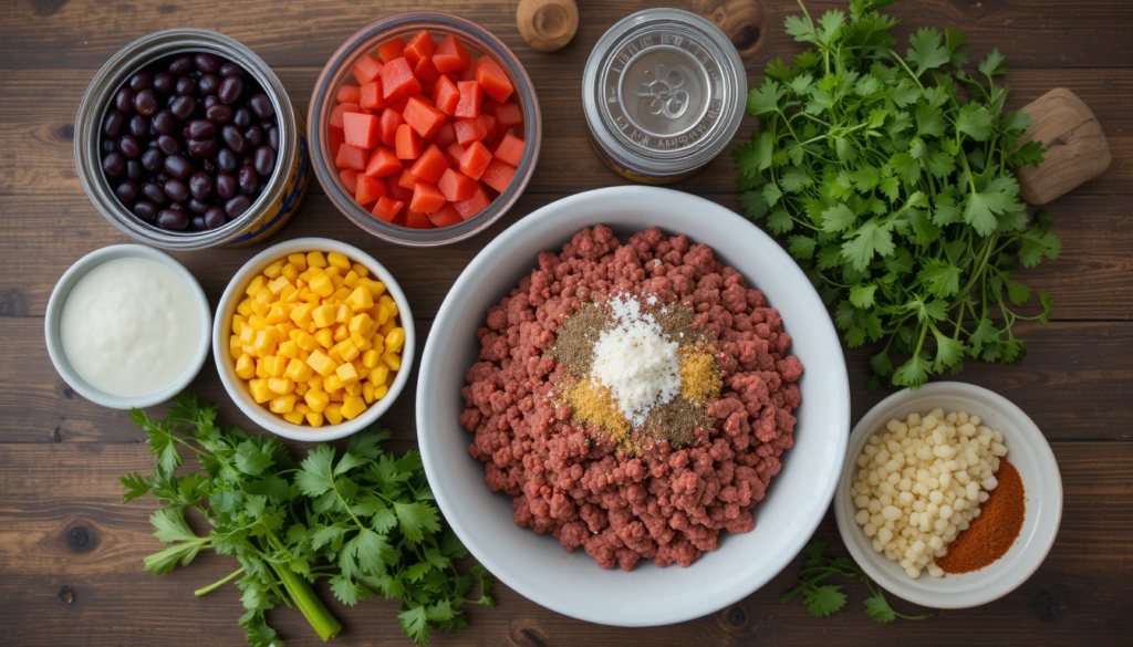 Flat lay of ingredients for taco soup frios recipe
, including ground beef, Rotel, black beans, and corn, with measuring tools.