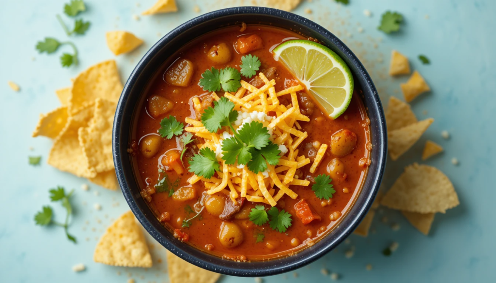 Overhead view of a taco soup frios recipe bowl with toppings like avocado, cilantro, and tortilla chips on a rustic table.