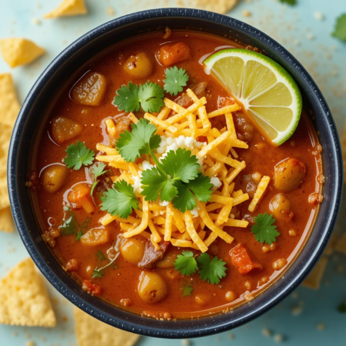 Overhead view of a taco soup frios recipe bowl with toppings like avocado, cilantro, and tortilla chips on a rustic table.