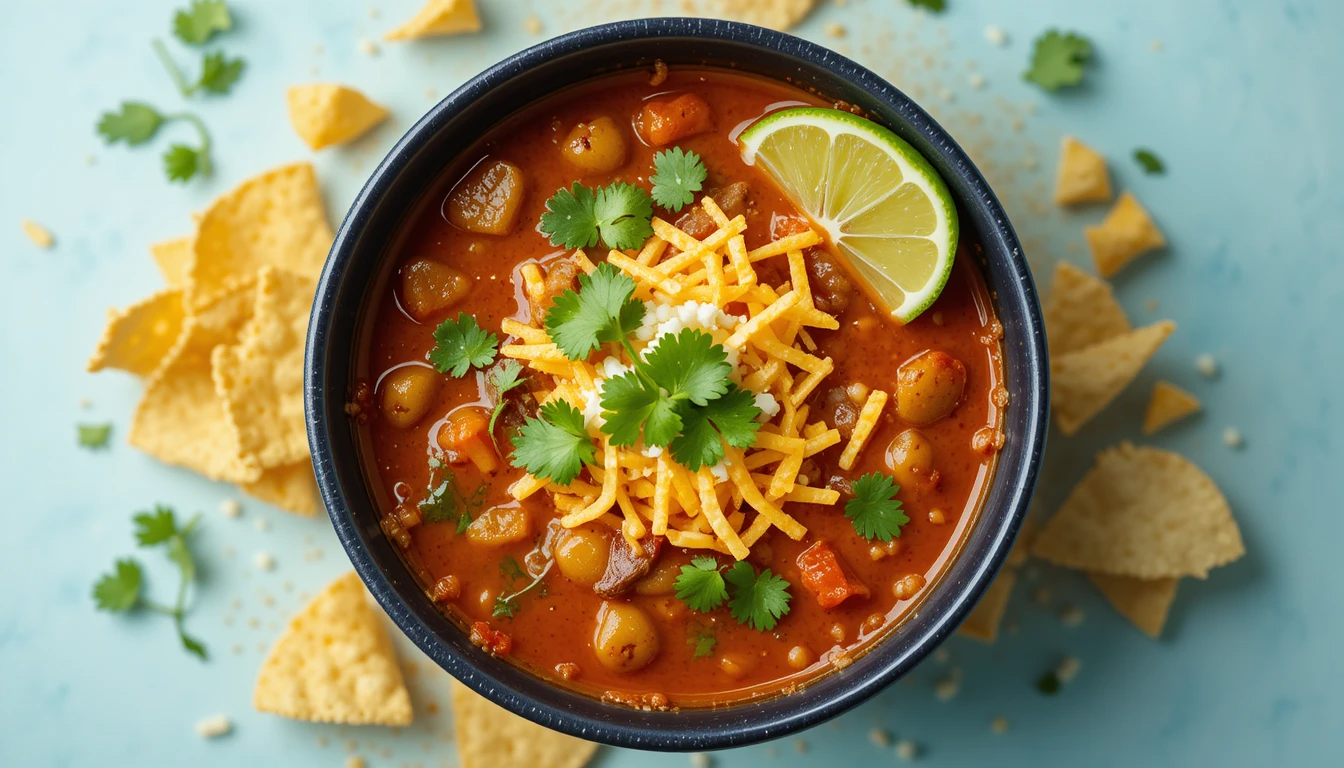 Overhead view of a taco soup frios recipe bowl with toppings like avocado, cilantro, and tortilla chips on a rustic table.