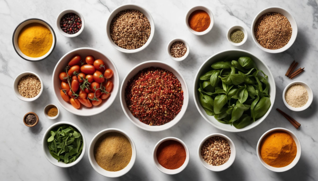 Ingredients for Roam Diet recipes neatly arranged on a marble countertop.