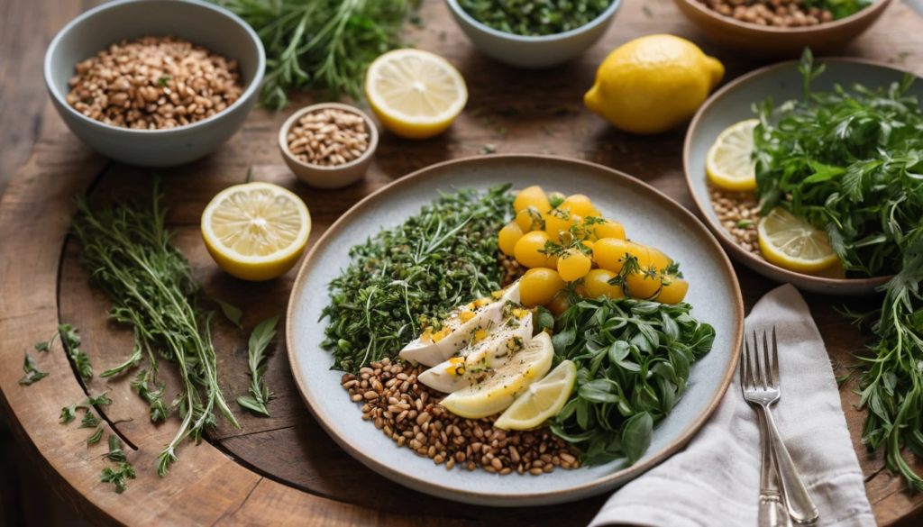 A beautifully plated Roam Diet recipe garnished with herbs and olive oil.