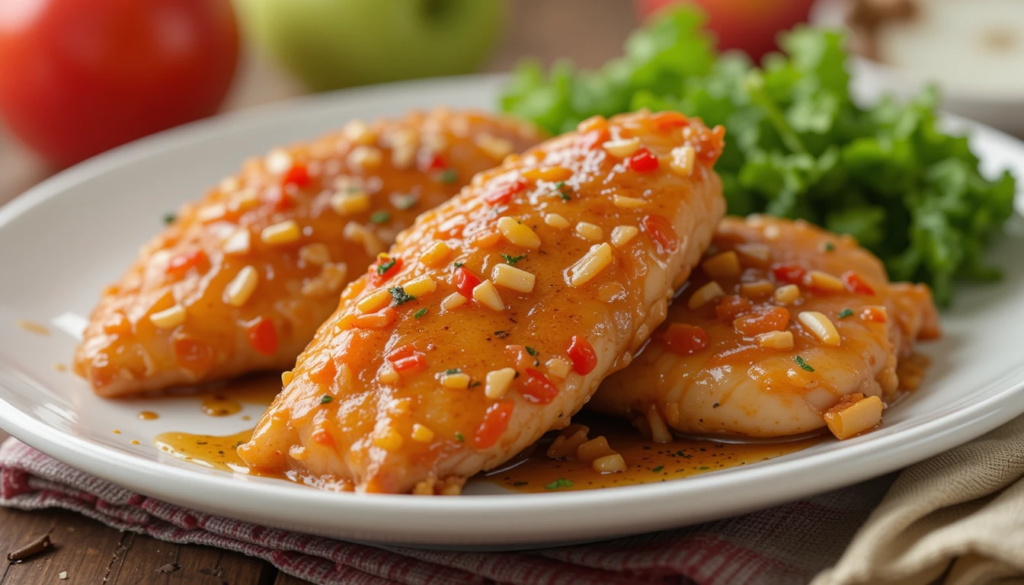 Chicken tenders sizzling in a skillet as glaze and fresh apple slices are added.