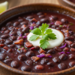 A vibrant bowl of purple black bean soup recipe, garnished with fresh herbs and avocado, sitting on a rustic wooden table with a side of crusty bread.