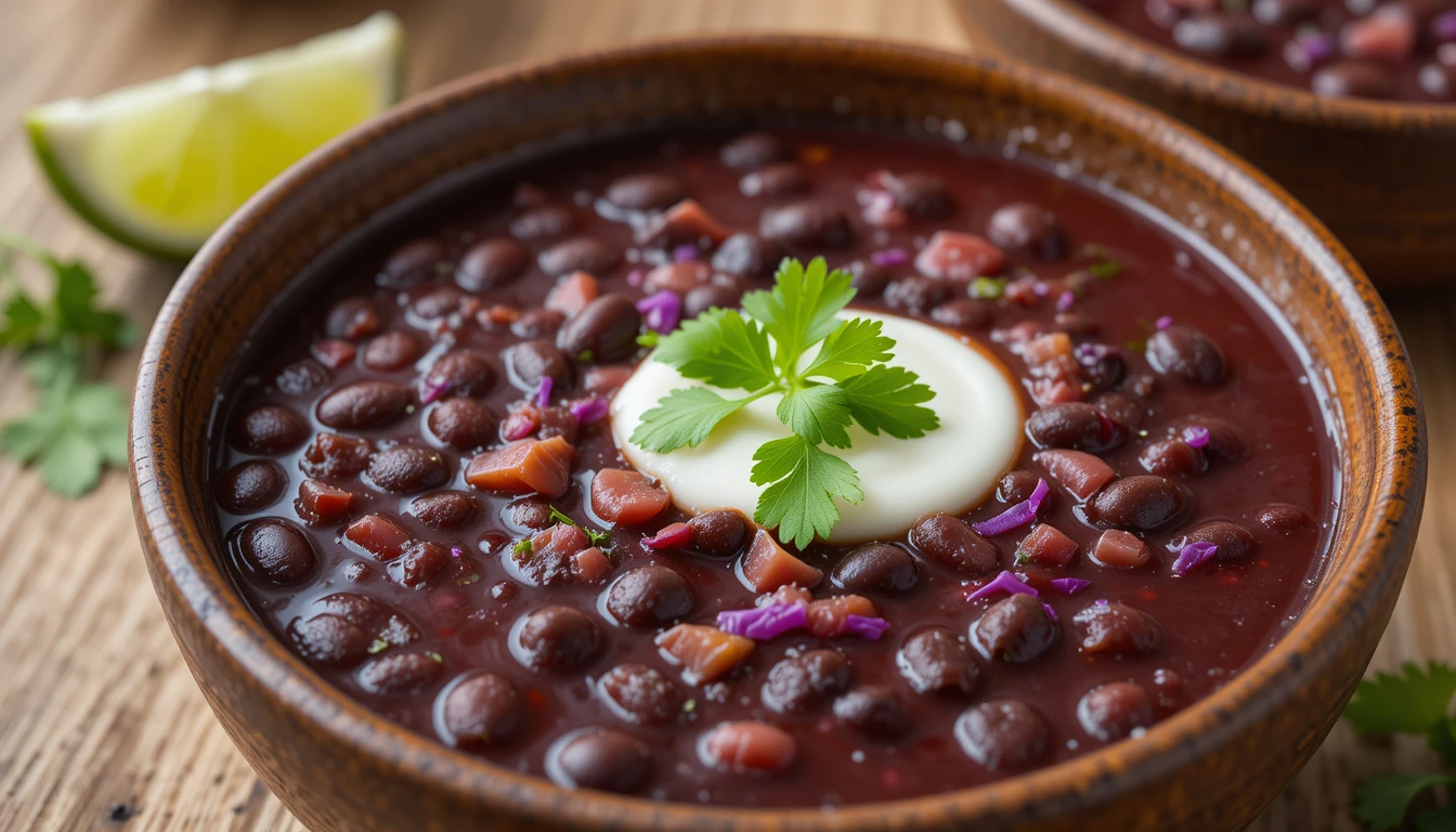 A vibrant bowl of purple black bean soup recipe, garnished with fresh herbs and avocado, sitting on a rustic wooden table with a side of crusty bread.