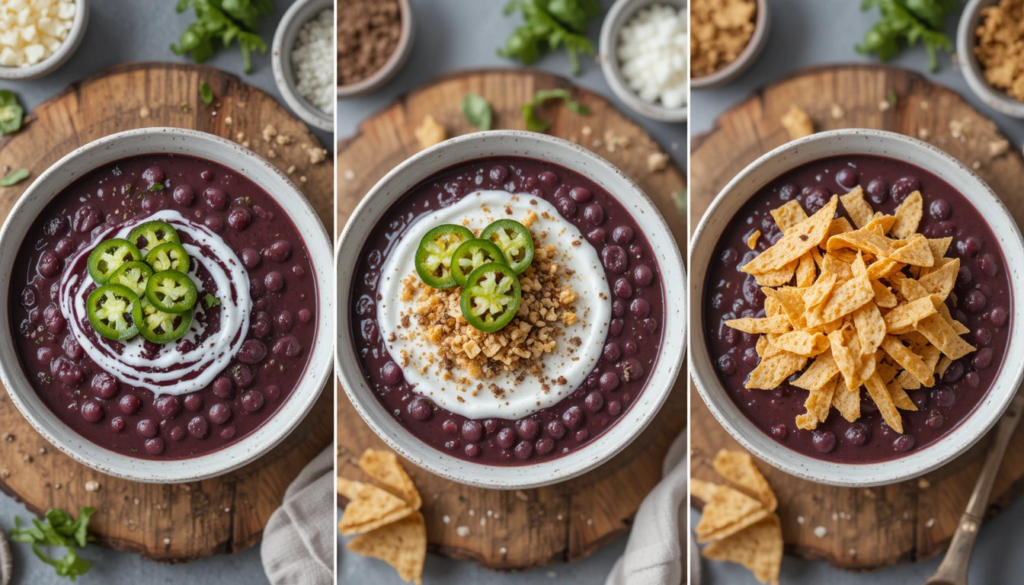 Three variations of purple black bean soup recipe, including a spicy version with jalapeños, a creamy coconut milk version, and a crispy tortilla-topped version.