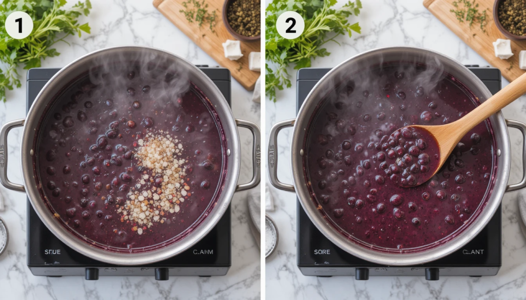 A pot of purple black bean soup recipe simmering on the stove, with steam rising and a wooden spoon stirring the rich, flavorful broth.