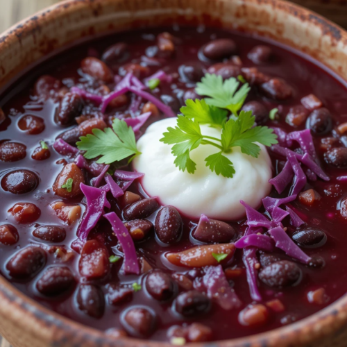 A steaming bowl of purple black bean soup with a rich purple broth, fresh herbs, and a touch of lime, served in a ceramic bowl with a spoon.