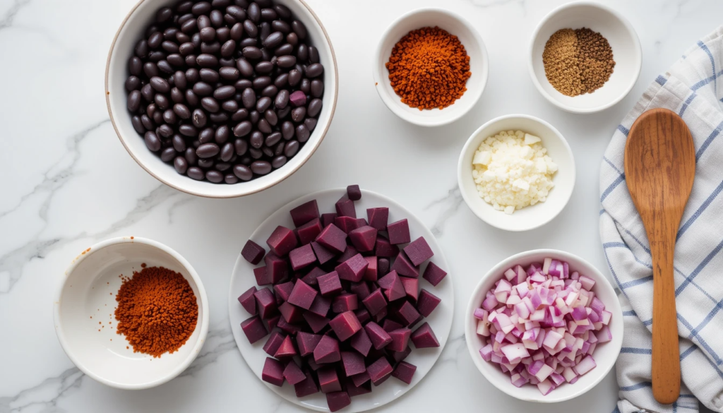 Ingredients for purple black bean soup recipe neatly arranged on a white countertop, including black beans, purple sweet potatoes, onions, and aromatic spices.