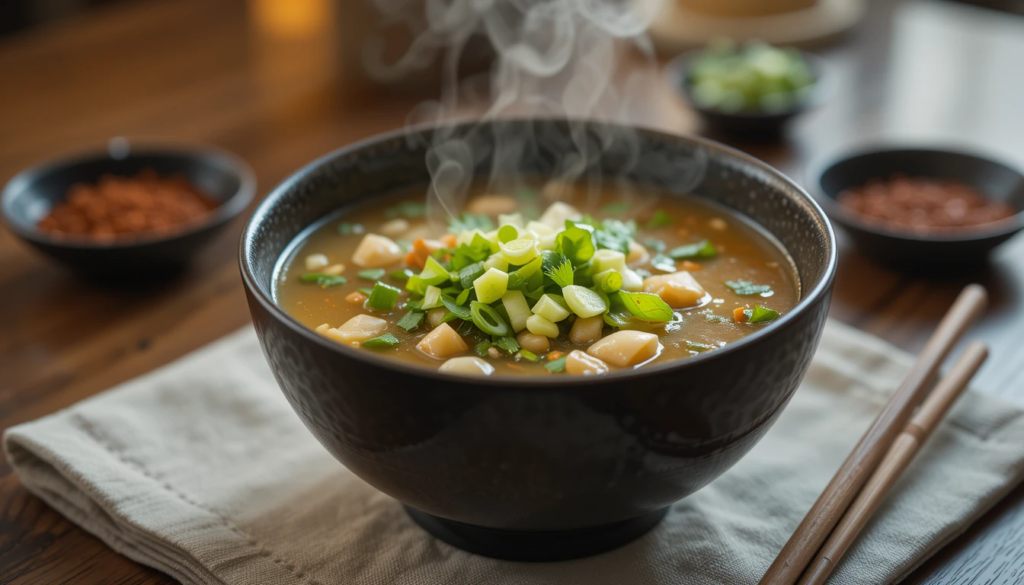 A steaming bowl of house special soup on a wooden table with chopsticks and garnishes.