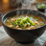 A steaming bowl of house special soup on a wooden table with chopsticks and garnishes.