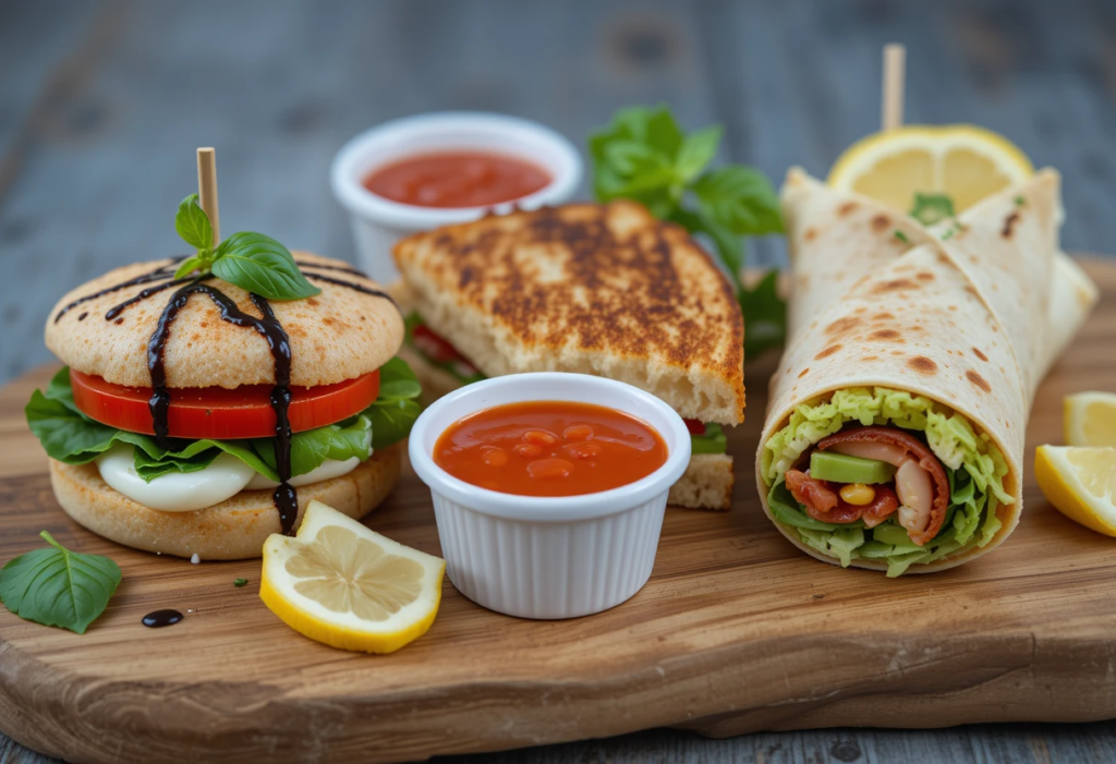 A beautifully arranged wooden serving board featuring a picnic food idea with a gourmet sandwich, a grilled sandwich, a fresh veggie and turkey wrap, and two cups of tomato-based dipping sauce. Garnished with fresh basil and lemon slices, making it a perfect outdoor meal.