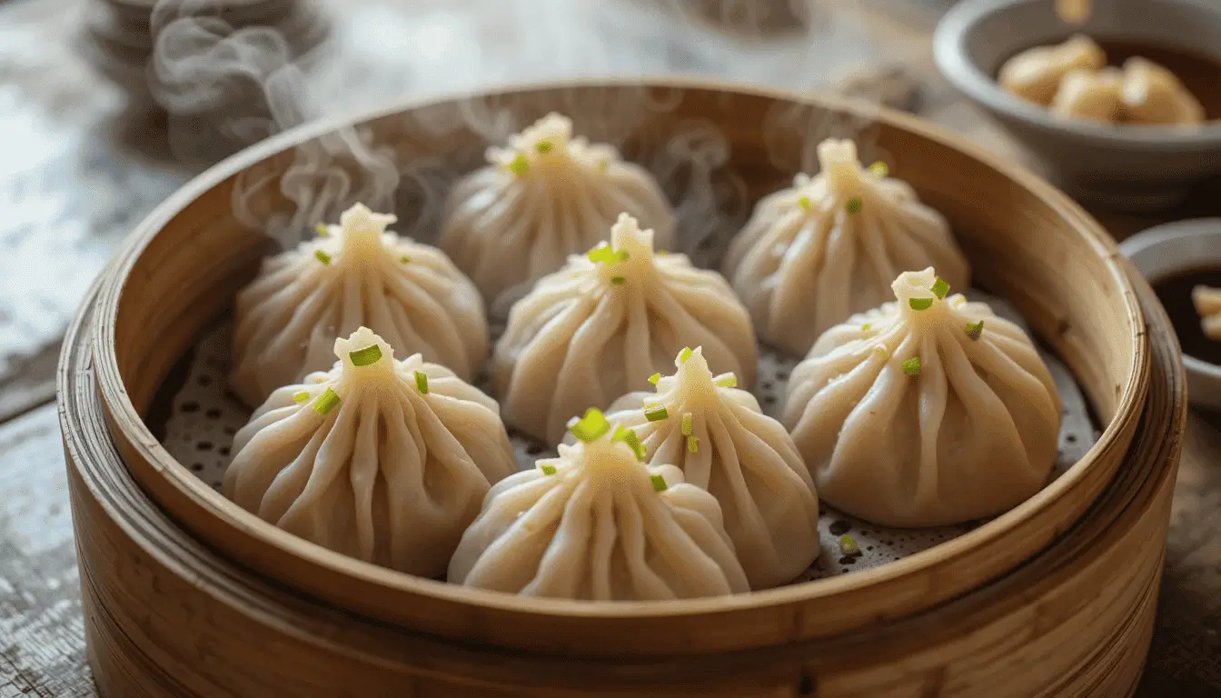 A plate of steaming vegan soup dumplings with a dipping sauce on the side.