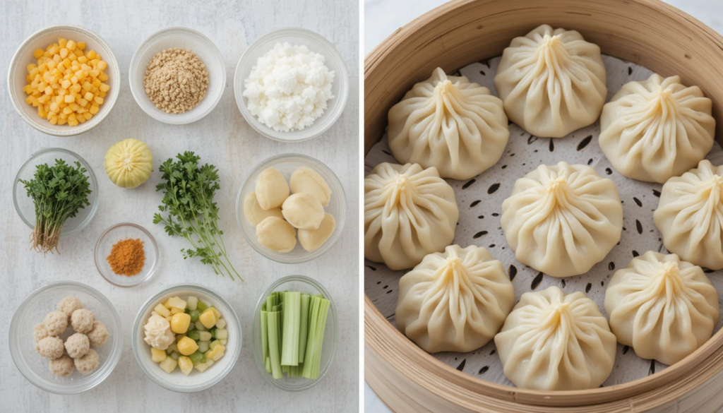 Close-up of freshly steamed vegan soup dumplings glistening with broth inside.