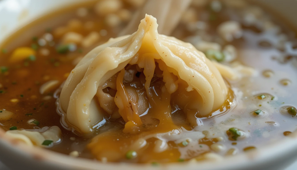 Vegan soup dumplings being carefully dipped into a soy-based sauce.