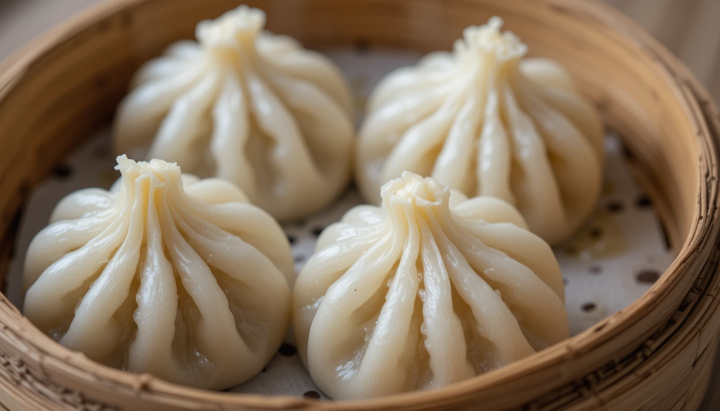 A bamboo steamer filled with vegan soup dumplings ready to be served.